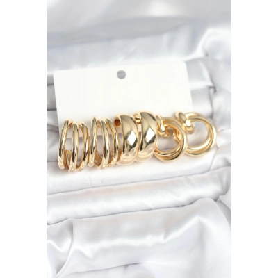 Pirinç Gold Renk 3 Çift Vintage Kadın Küpe Seti