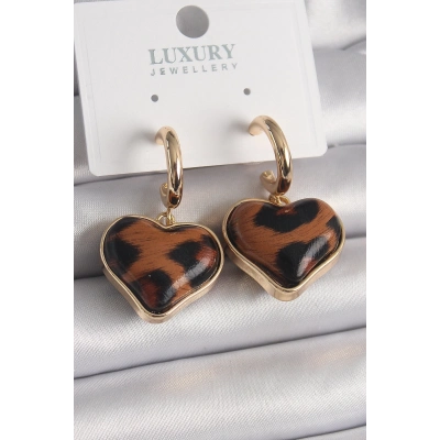 Pirinç Gold Renk 3D Kalp Leopar Desen Model Kadın Küpe