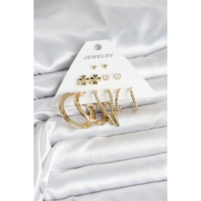 Pirinç Gold Renk 6 Çift Kadın Küpe Seti