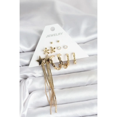 Pirinç Gold Renk 6 Çift Kadın Küpe Seti