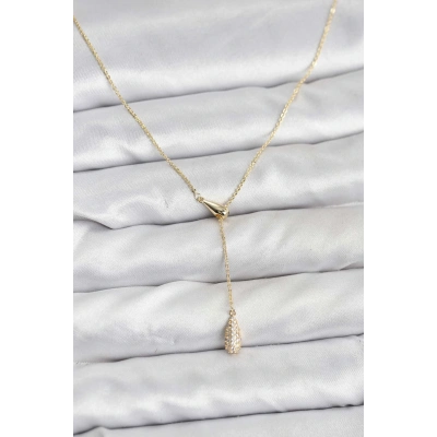 Pirinç Gold Renk Asansörlü Damla Model Kadın Kolye