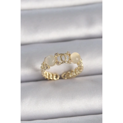 Pirinç Gold Renk Ayarlanabilir Zirkon Taşlı Beyaz Mineli Birleşik Halka Model Kadın Yüzük