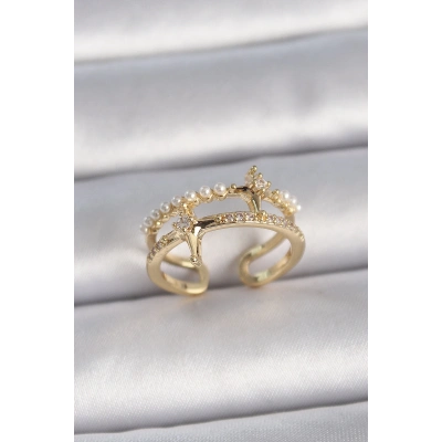 Pirinç Gold Renk Ayarlanabilir Zirkon Taşlı İncili Yıldız Model Kadın Yüzük