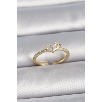 Pirinç Gold Renk Ayarlanabilir Zirkon Taşlı Kalp Model Kadın Yüzük