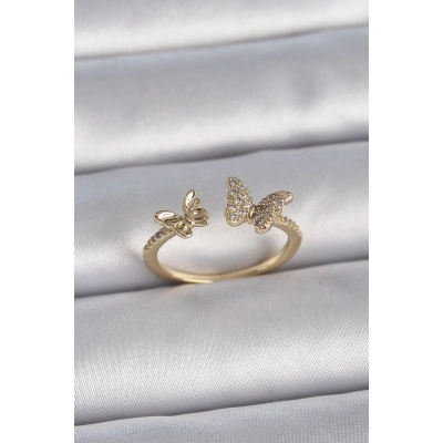 Pirinç Gold Renk Ayarlanabilir Zirkon Taşlı Kelebek Model Kadın Yüzük