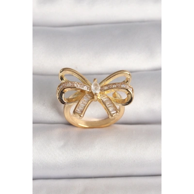 Pirinç Gold Renk Ayarlanabilir Zirkon Taşlı Kurdele Model Kadın Yüzük