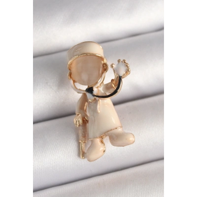 Pirinç Gold Renk Beyaz Mineli Doktor Model Kadın Broş