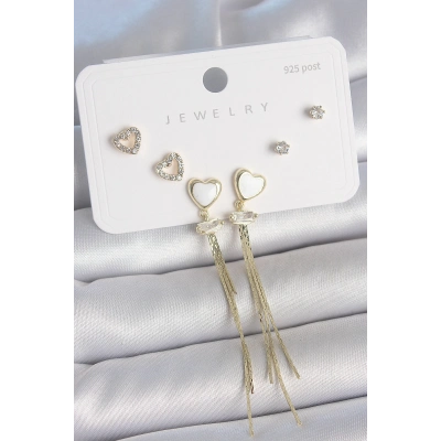 Pirinç Gold Renk Beyaz Mineli Sallantı Mineli Kalp Model Zirkon Taş Detaylı 925 Ayar Gümüş Çivi Kadın Küpe Seti