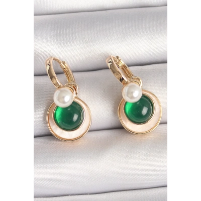 Pirinç Gold Renk Beyaz Yeşil Sallantı Mineli Kadın Küpe