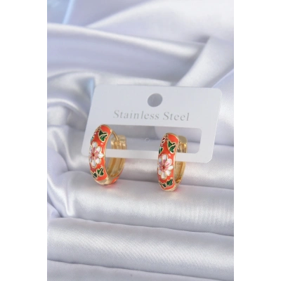 Pirinç Gold Renk Çiçek İşleme Turuncu Kadın Küpe