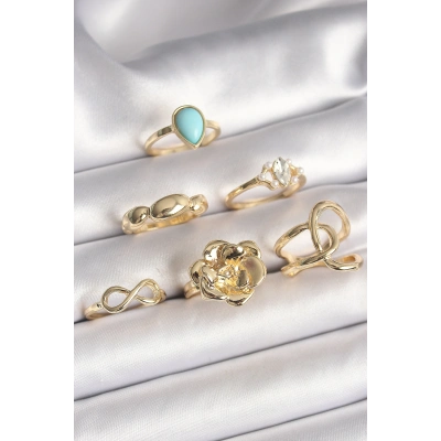 Pirinç Gold Renk Çiçek Model Model Sonsuzluk Zirkon Taş Detaylı 6Lı Kadın Yüzük Seti