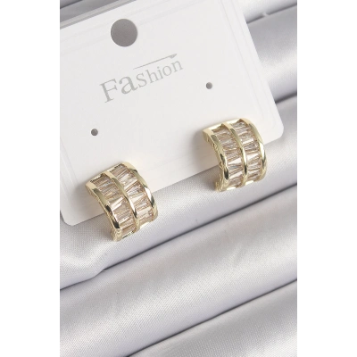 Pirinç Gold Renk Çift Sıra Zirkon Taşlı Kadın Küpe