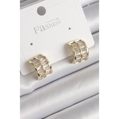 Pirinç Gold Renk Çift Sıra Zirkon Taşlı Kadın Küpe