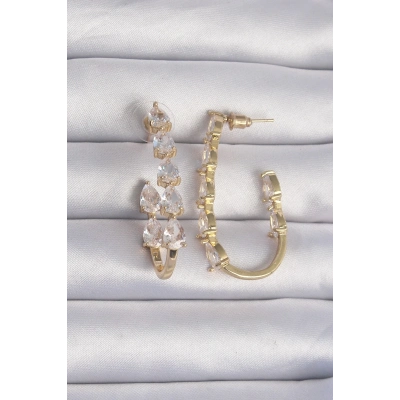 Pirinç Gold Renk Damla Zirkon Taş Tasarımlı Küpe