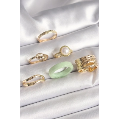 Pirinç Gold Renk Düğüm Model İncili İşlemeli Plaka Model 6Lı Kadın Yüzük Seti