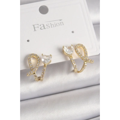 Pirinç Gold Renk Düğüm Model Zirkon Taşlı Kalp Detay Kadın Küpe
