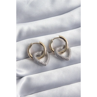 Pirinç Gold Renk Halka Gümüş Zirkon Taşlı Kalp Model VİP Seri Kadın Küpe