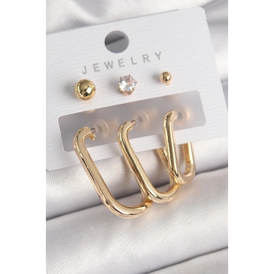 Pirinç Gold Renk Halka Model Zirkon Taş Topçuk Detay Kadın Küpe Seti