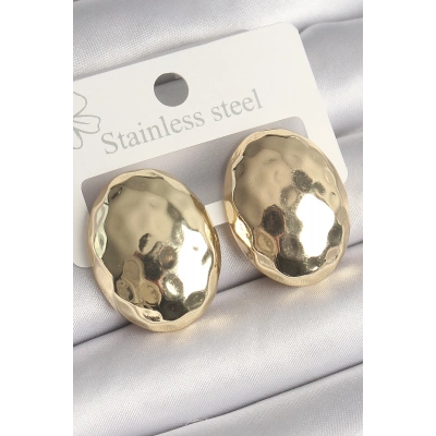 Pirinç Gold Renk İşlemeli Bombe Oval Model Kadın Küpe