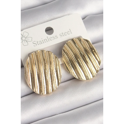 Pirinç Gold Renk İşlemeli Daire Plaka Model Kadın Küpe