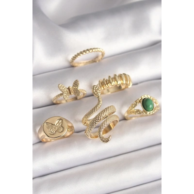 Pirinç Gold Renk İşlemeli Yılan Model Kelebek Detay 6Lı Kadın Yüzük Seti