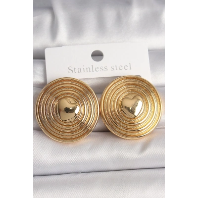 Pirinç Gold Renk Kalp İşlemeli Daire Plaka Model Kadın Küpe