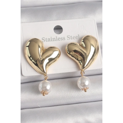 Pirinç Gold Renk Kalp Model Sallantı İnci Detay Kadın Küpe