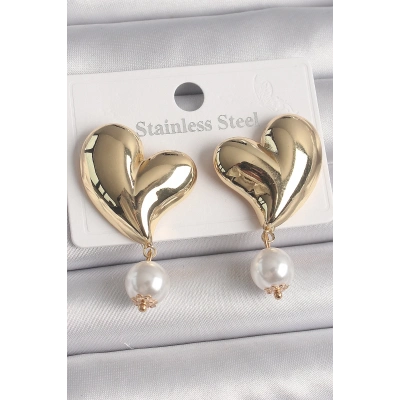 Pirinç Gold Renk Kalp Model Sallantı İnci Detay Kadın Küpe