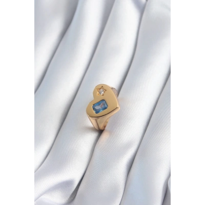 Pirinç Gold Renk Kalp Model Zirkon Taş Yıldız Detay Kadın Yüzük