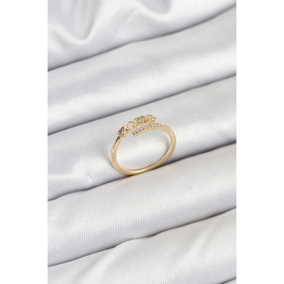 Pirinç Gold Renk Kalpli Detaylı Zirkon Taşlı Kadın Yüzük