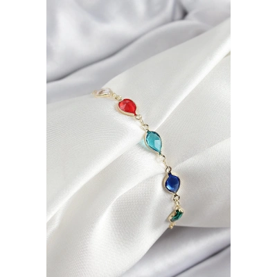 Pirinç Gold Renk Karışık Renk Damla Zirkon Taşlı Kadın Bileklik