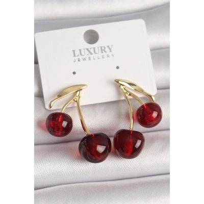 Pirinç Gold Renk Kırmızı Kiraz Model Kadın Küpe