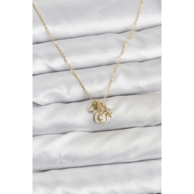 Pirinç Gold Renk Minimal Charmlı Kadın Kolye