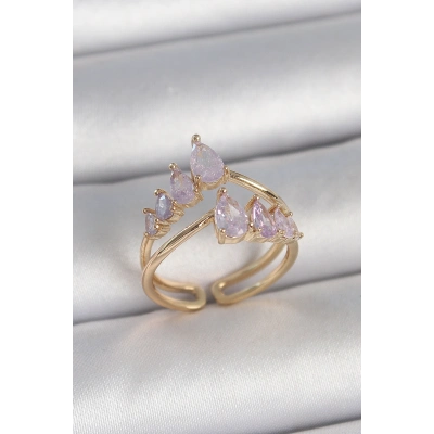 Pirinç Gold Renk Mor Damla Zirkon Taşlı Taç Model Kadın Yüzük