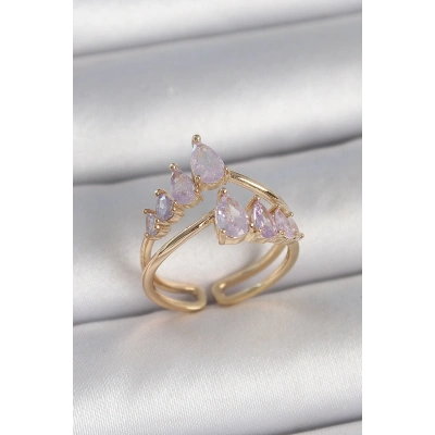 Pirinç Gold Renk Mor Damla Zirkon Taşlı Taç Model Kadın Yüzük