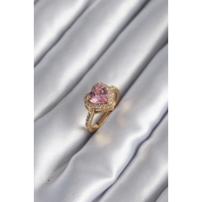 Pirinç Gold Renk Pembe Zirkon Taşlı Charm Kalp Model Kadın Yüzük