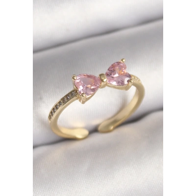 Pirinç Gold Renk Pembe Zirkon Taşlı Kalp Fiyonk Model Kadın Yüzük