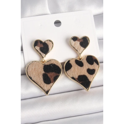 Pirinç Gold Renk Sallantı Leopar Kalp Model Kadın Küpe