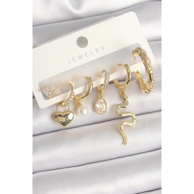 Pirinç Gold Renk Sallantı Yılan Model Zirkon Taşlı Halka Kilit Kalp Detay Kadın Küpe Seti