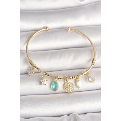Pirinç Gold Renk Sallantı Zirkon Taş Detaylı Pusula Figür Charm Kadın Bileklik