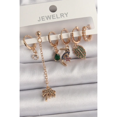 Pirinç Gold Renk Sallantı Zirkon Taşlı Ağaç Figür Kadın Küpe Seti