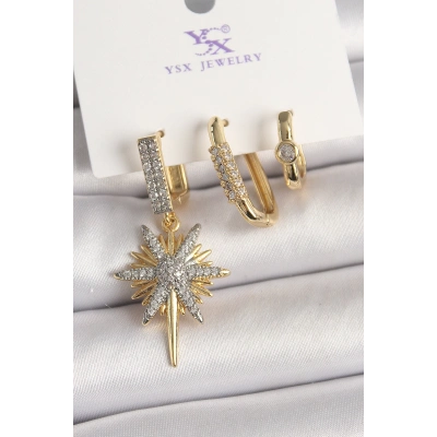 Pirinç Gold Renk Sallantı Zirkon Taşlı Kutup Yıldız Model 3Lü Kadın Kombin Küpe