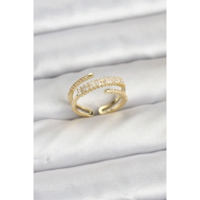 Pirinç Gold Renk Sıralı Baget Zirkon Taşlı Kadın Yüzük