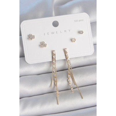 Pirinç Gold Renk Su Yolu Zirkon Taşlı Sallantı Model Çiçek Detay 925 Ayar Gümüş Çivi Kadın Küpe Seti