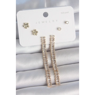 Pirinç Gold Renk Su Yolu Zirkon Taşlı Sallantı Model Çiçek Detay 925 Ayar Gümüş Çivi Kadın Küpe Seti