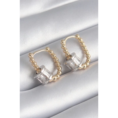 Pirinç Gold Renk Top Model Gümüş Renk Zirkon Taşlı Kadın Küpe