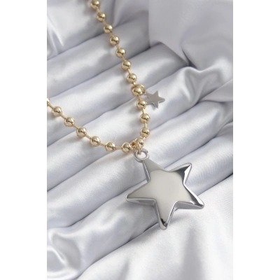 Pirinç Gold Renk Topçuk Zincir Gümüş 3D Yıldız Model Yıldız Detay VİP Kadın Kolye