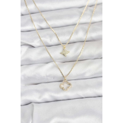 Pirinç Gold Renk Yonca Model 2li Kadın Kolye