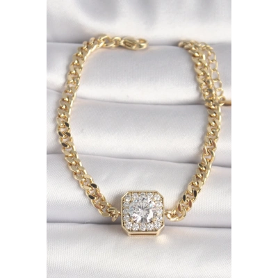 Pirinç Gold Renk Zincir Kare Zirkon Taş Model Xuping VIP Seri Kadın Bileklik