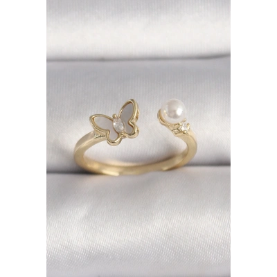 Pirinç Gold Renk Zirkon Taş Detaylı Beyaz Mineli Kelebek Model İnci Detay Ayarlanabilir Yüzük